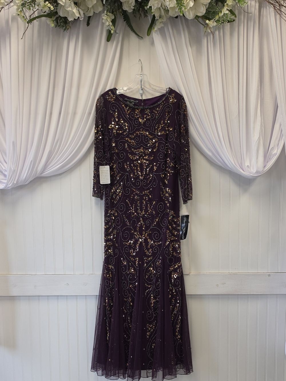 Pisarro Nights NWT Purple Gold Beaded Sequin Maxi Dress Size 10 D1501